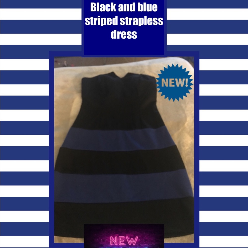 🦋Black & Blue striped strapless mini dress NEW🦋
